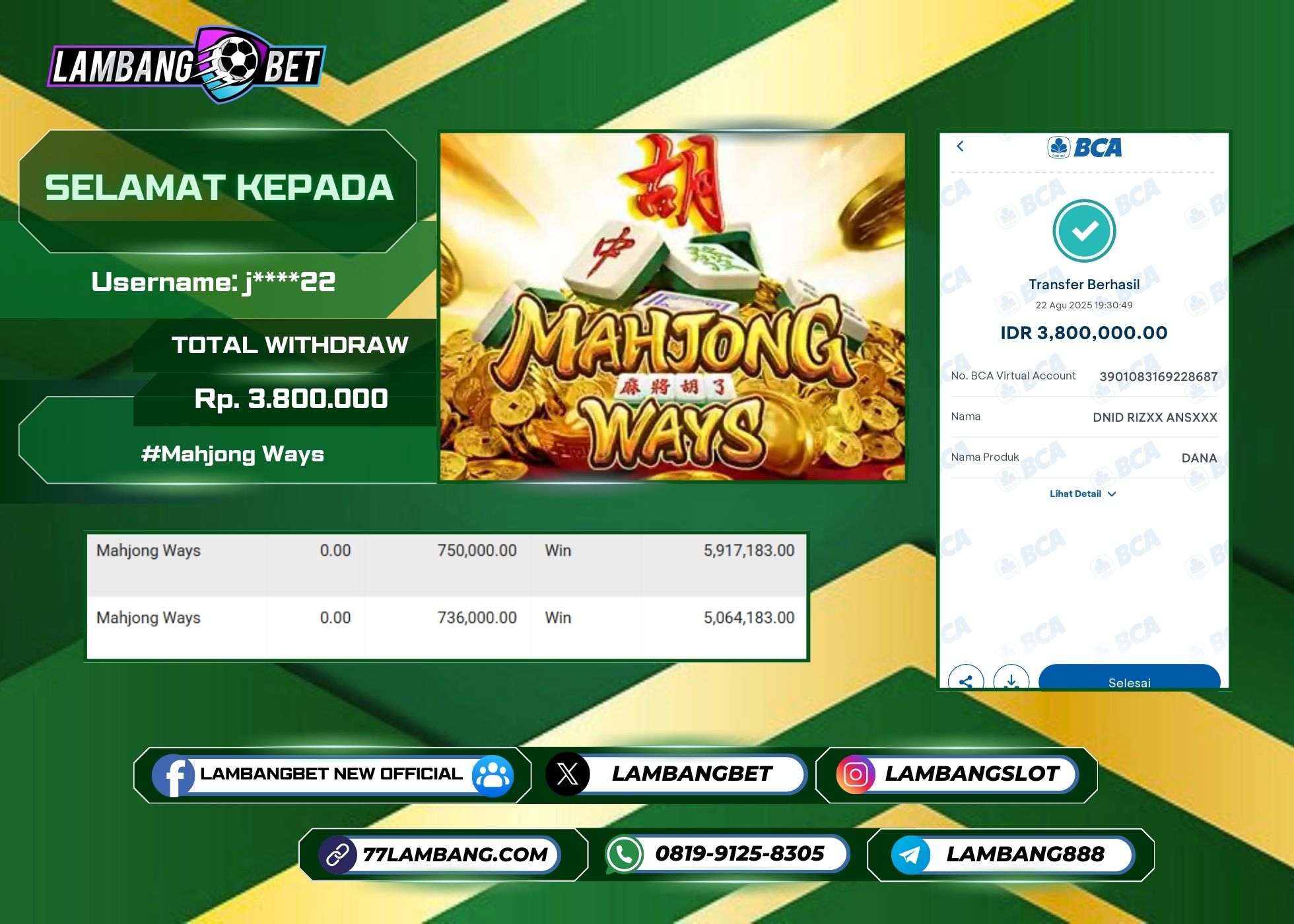 LAMBANGBET [22 AUGUST 2025] JACKPOT SLOT Mahjong Ways "Rp3.800.000" LUNAS